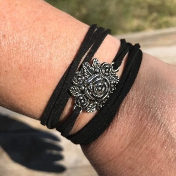 Tie Wrap Floral Rose Silver Bracelet Cuff Yoga Boho Biker Vegan Faux Leather - Picture 4 of 11